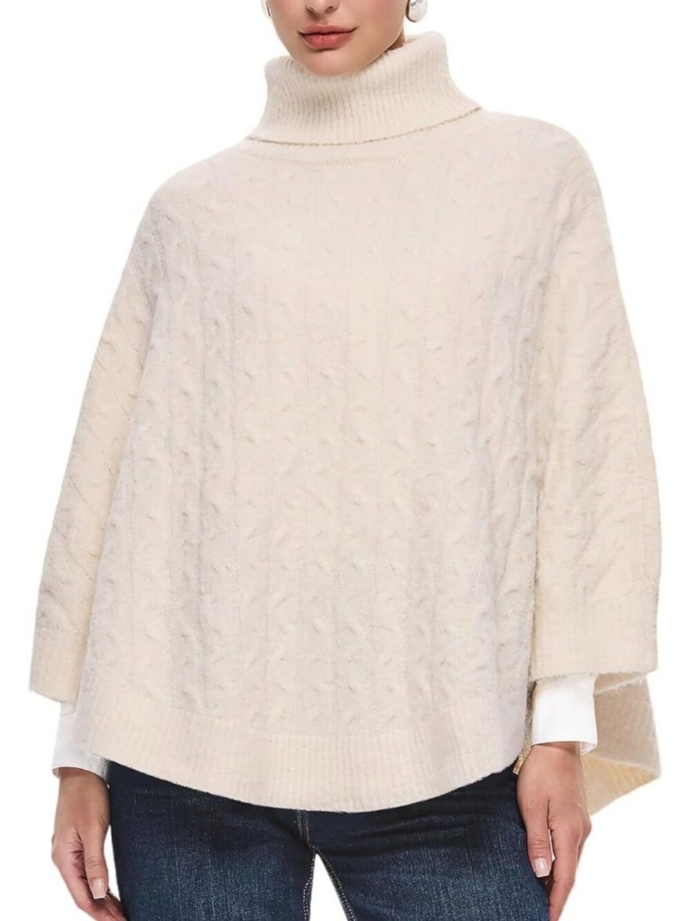Puli Womens Chunky Knit Poncho Cape Beige Turtleneck Cozy Wrap